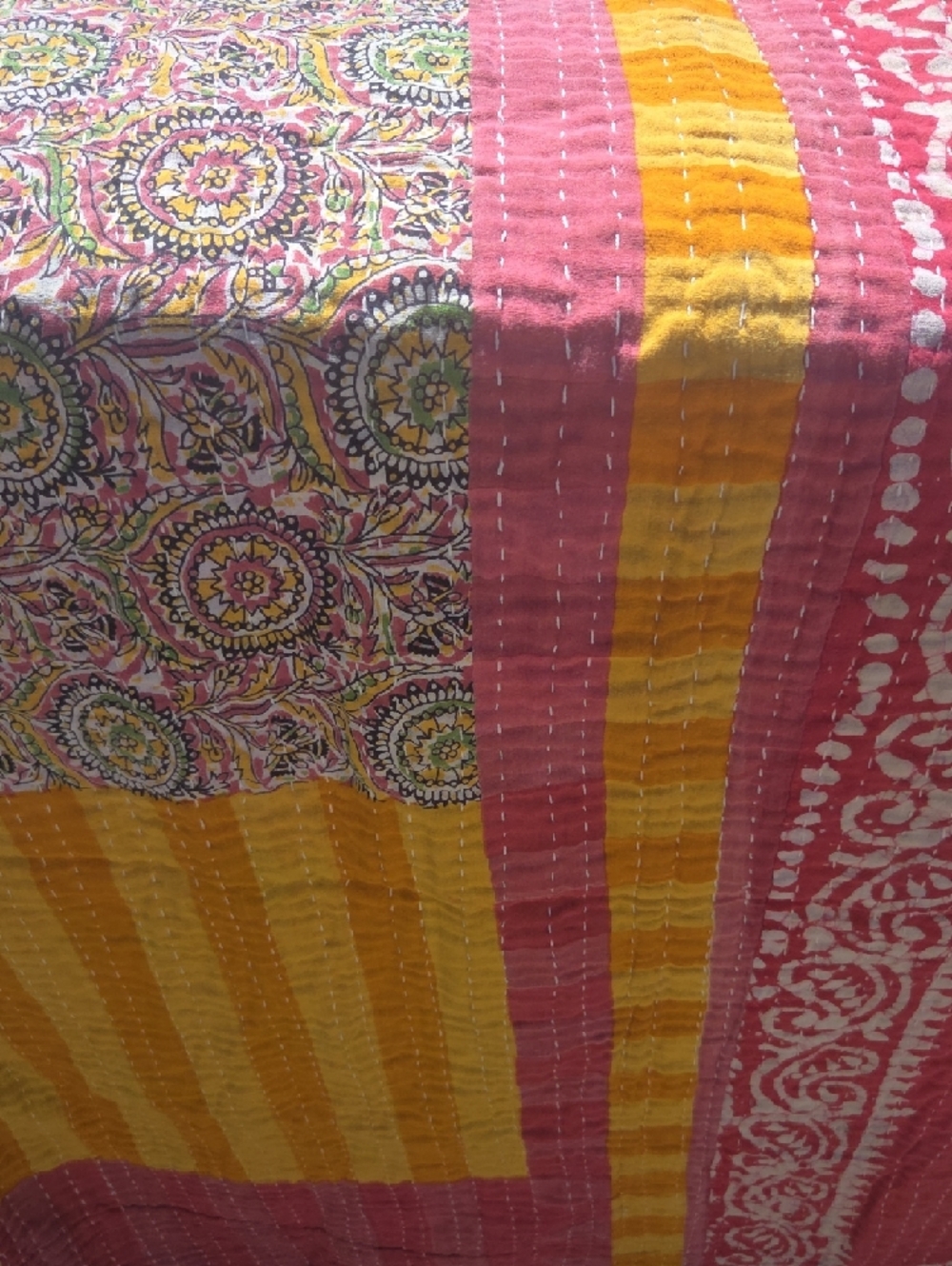 Kantha Twin Quilt in Pink & Yellow - Picture 4 of 5